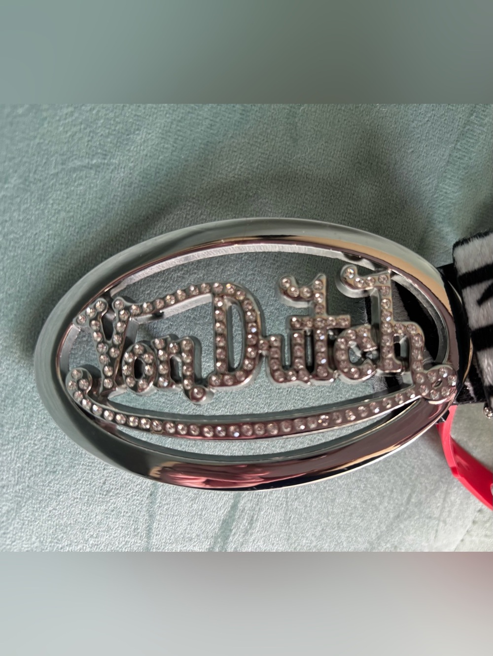 Von Dutch Black and White Zebra Belt with Rhinestone Logo Buckle - Picture 2 of 2